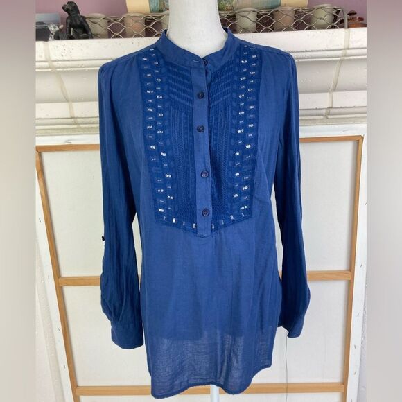 Style & Co. boho blinged tunic w/round collar & convertible sleeves, back button - Picture 1 of 9